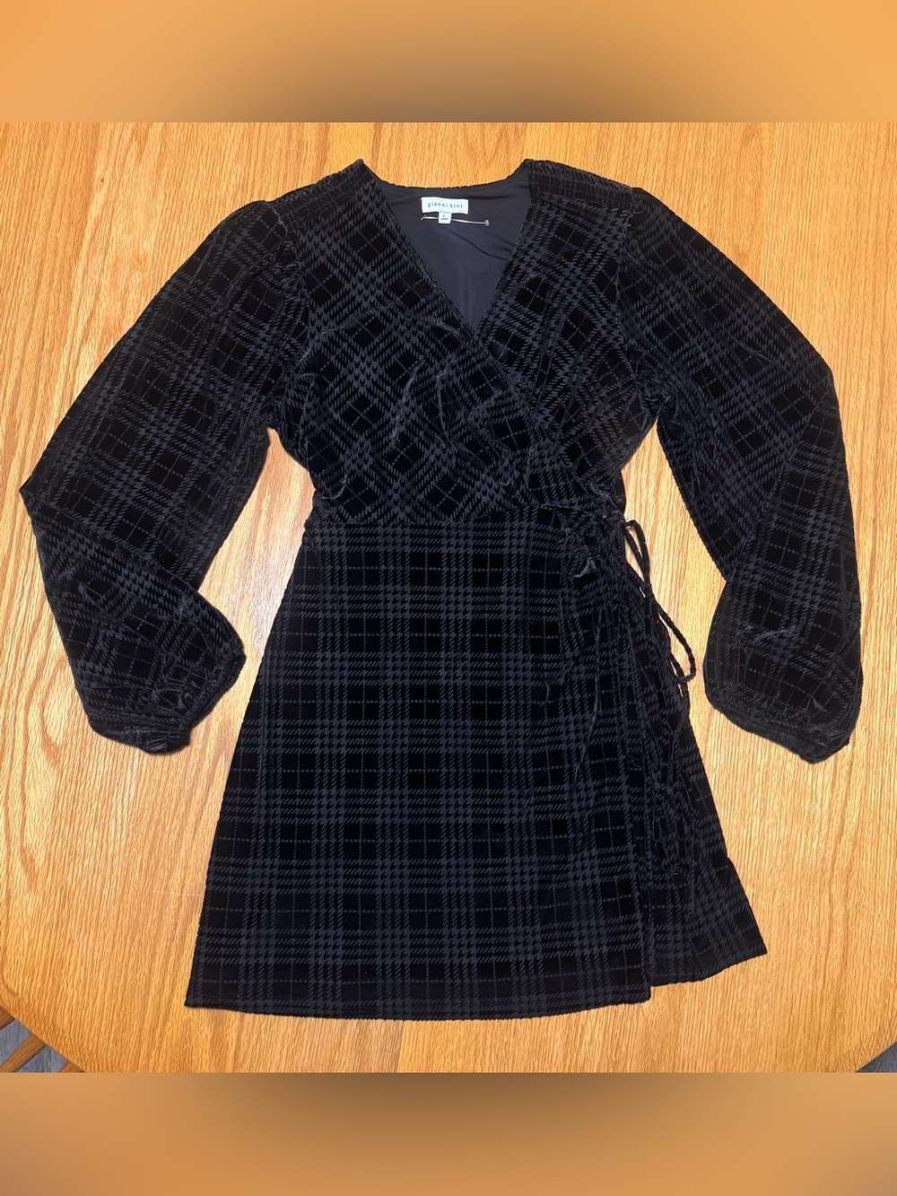 Gianni Bini Black Velvet Plaid Wrap Dress with Long Puff Sleeves